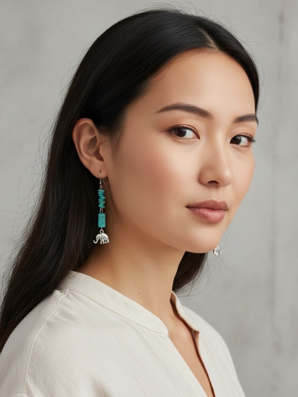 Turquoise Bead Drop Earrings with Silver Elephant Charm - Women Jewelry
